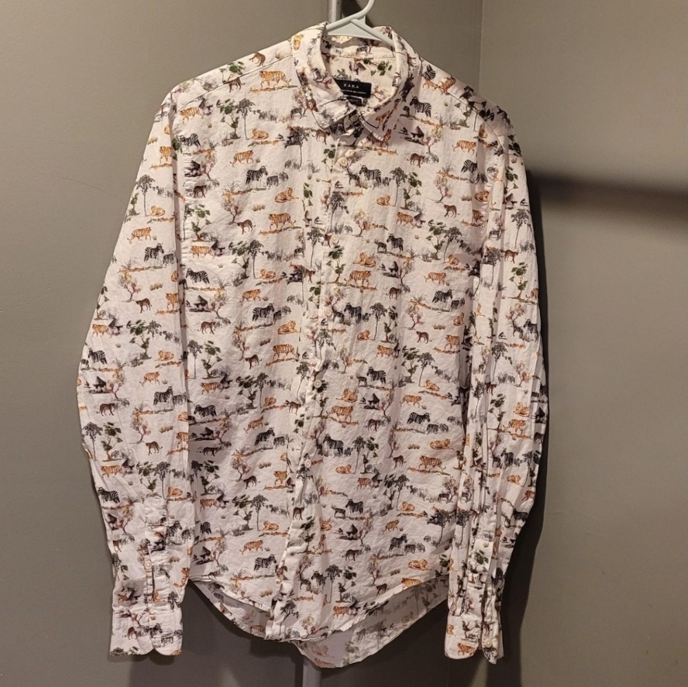 Zara 100% Cotton Animals Print Button-up Shirt, Men's Size M, White And Multi